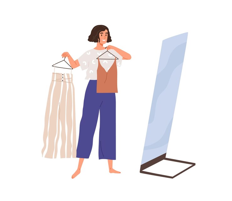 Vetor mulher na frente do espelho decidindo o que vestir. mulher escolhendo roupas, segurando roupas em cabides, preparando-se para sair. fazendo a escolha sobre a roupa. ilustração em vetor plana isolada no branco.