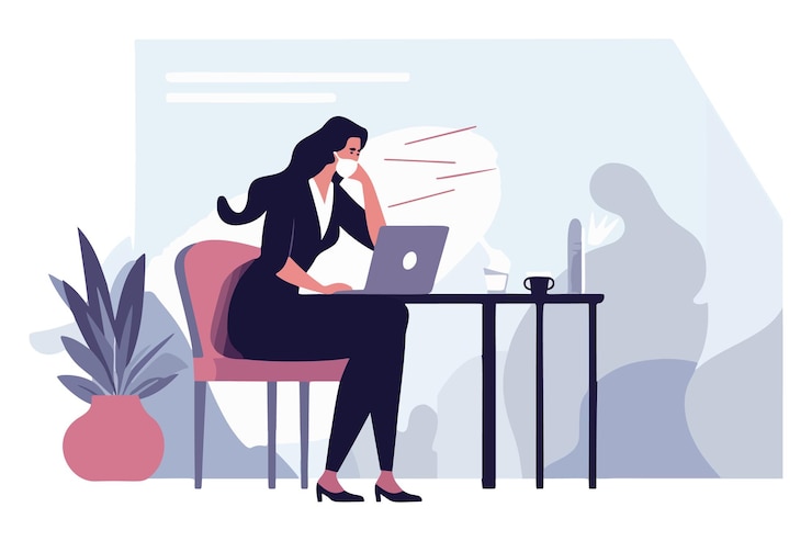 Vetor mulher na mesa trabalhando em laptop vaza dados corporativos para concorrente funcionário compartilha informações confidenciais com rival via telefone imagem vetorial