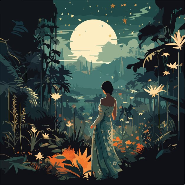 Mulher na selva durante a noite.