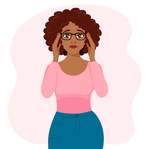 Mulher negra afro-americana em copos em uma situação estressante. emoções e gestos. estilo simples