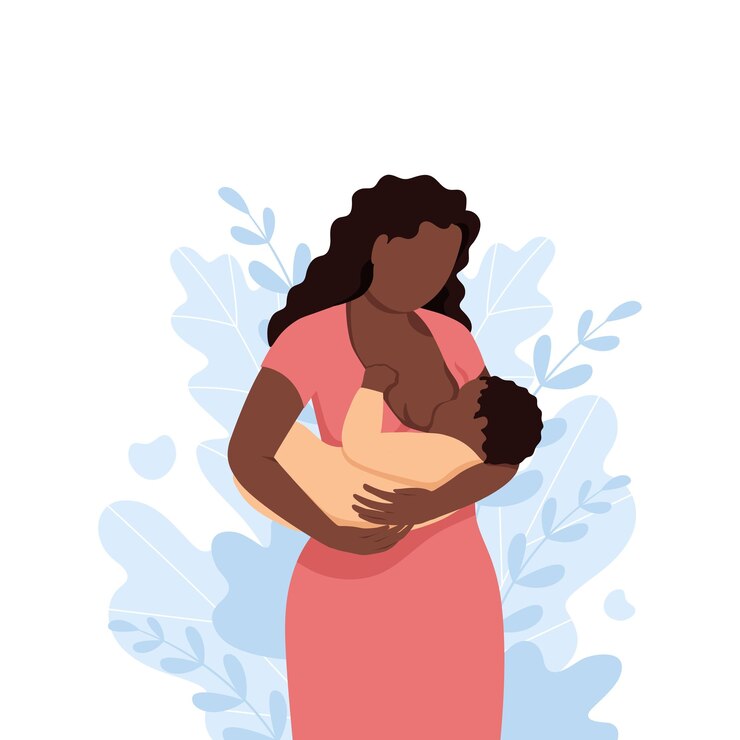 Vetor mulher negra amamentando um bebê com natureza e deixa ilustração vetorial de fundo em estilo simples