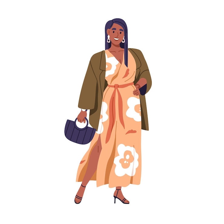 Vetor mulher negra atraente em roupa elegante vestindo acessórios de blazer feliz garota bonita em roupas de festa com brincos de bolsa ilustração vetorial gráfica plana isolada em fundo branco