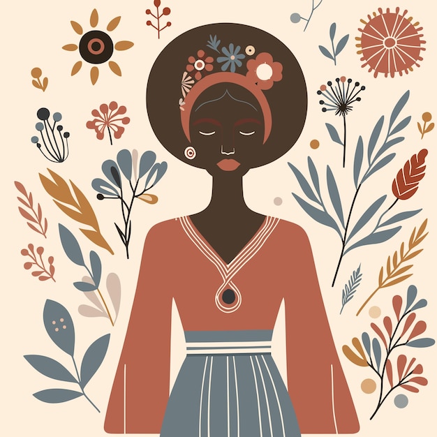 Vetor mulher negra boho estilizada com folhas botânicas em ilustração vetorial de fundo