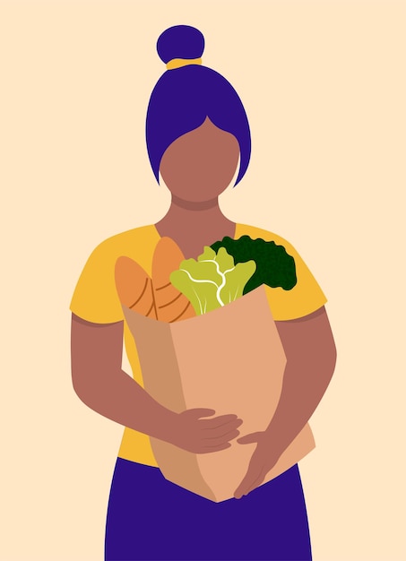 Mulher negra com ilustração vetorial de conceito de saco de comida em estilo simples