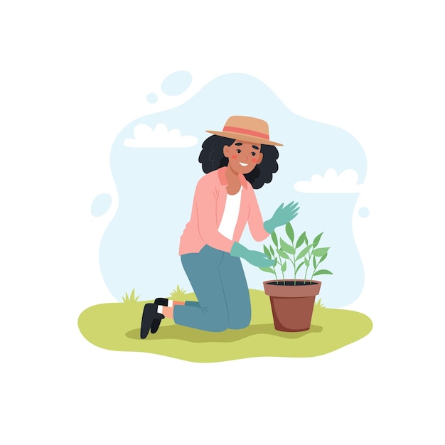Mulher negra cuidando da planta Jardineira feminina na primavera Ilustração vetorial fofa no estilo cartoon plana