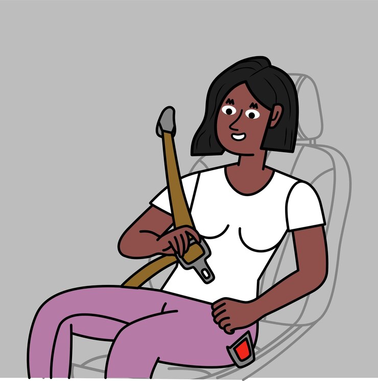 Vetor mulher negra dentro do carro a pôr o cinto de segurança.