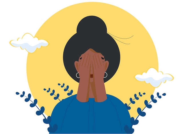 Vetor mulher negra deprimida cobre o rosto com as mãos conceito de transtornos mentais luto e depressão violência física e emocional contra mulheres ilustração vetorial