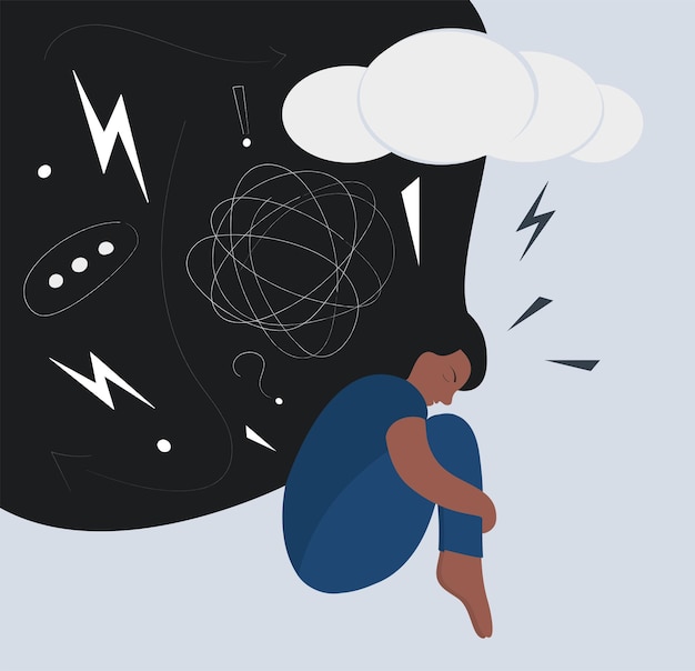 Mulher negra deprimida com cabelo fluido Doença mental Ilustração vetorial da saúde mental