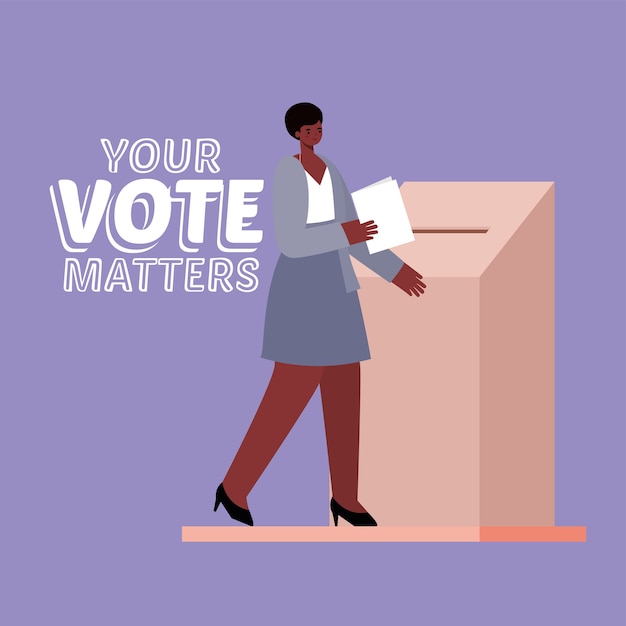 Vetor mulher negra e caixa de votação com seu projeto de texto de questões de voto, tema do dia de eleições.