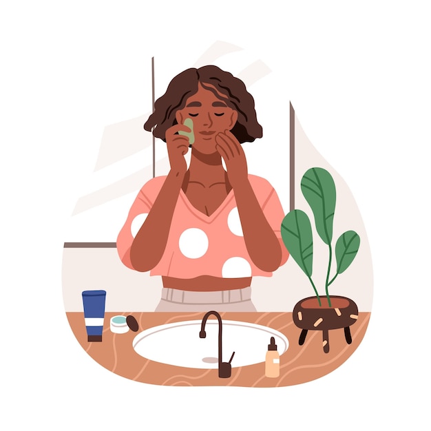 Vetor mulher negra massageando o rosto com raspador de jade guasha no banheiro. roteamento de beleza de meninas para cuidados com a pele. procedimento de cuidados com a pele em casa, tratamento. ilustração em vetor plana isolada no fundo branco.