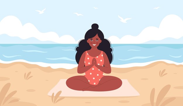 Mulher negra meditando na praia olá férias de lazer de verão estilo de vida saudável