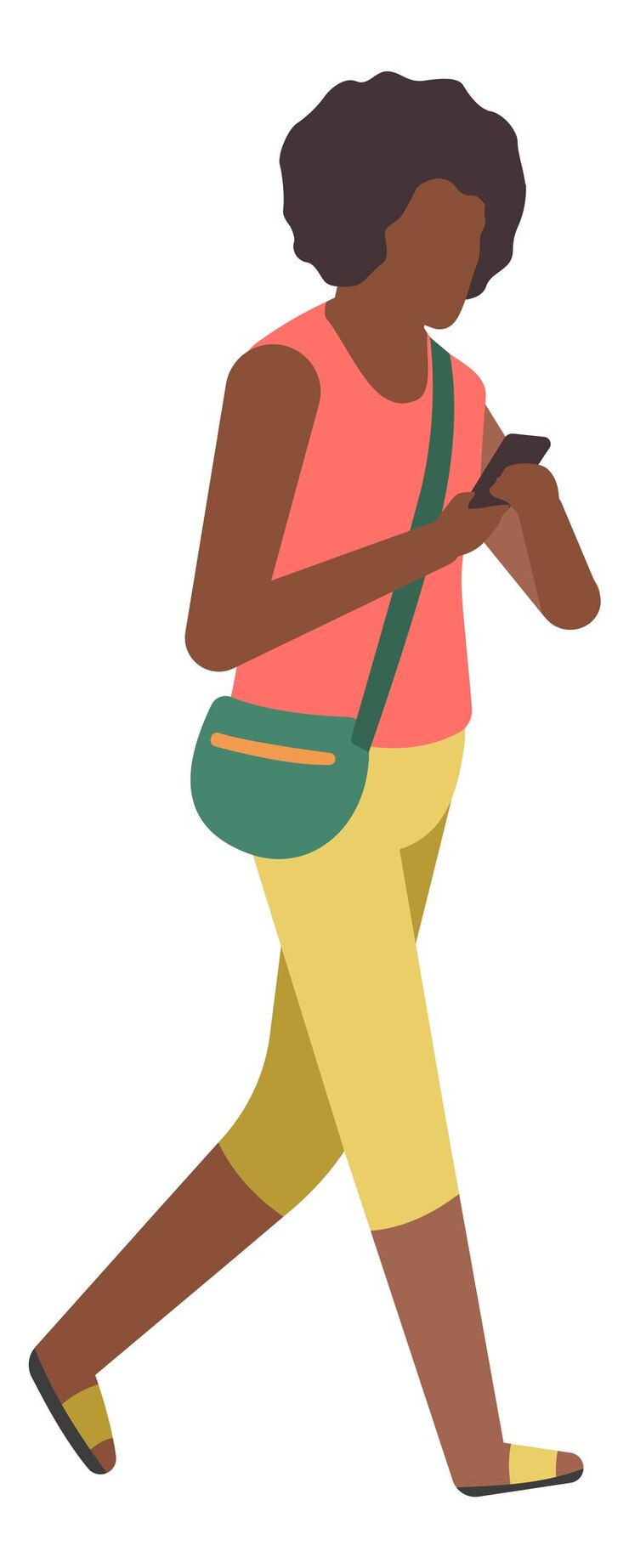 Vetor mulher negra olhando para o telefone pessoa andando com smartphone