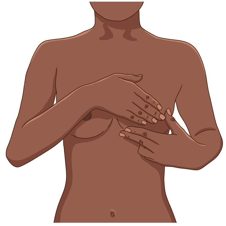 Vetor mulher negra realizando exame mensal de mama para tumor e nódulo autoexame de câncer de mama