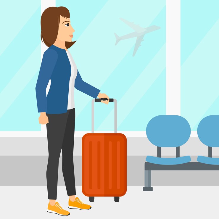 Vetor mulher no aeroporto com mala