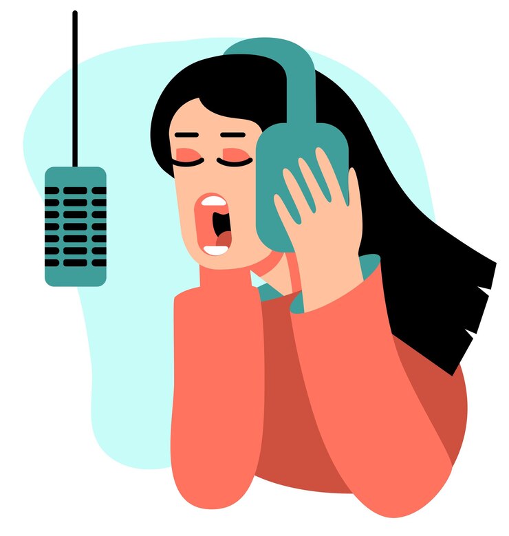Mulher no estúdio de gravação cantando música no microfone com fones de ouvido Ilustração vetorial plana