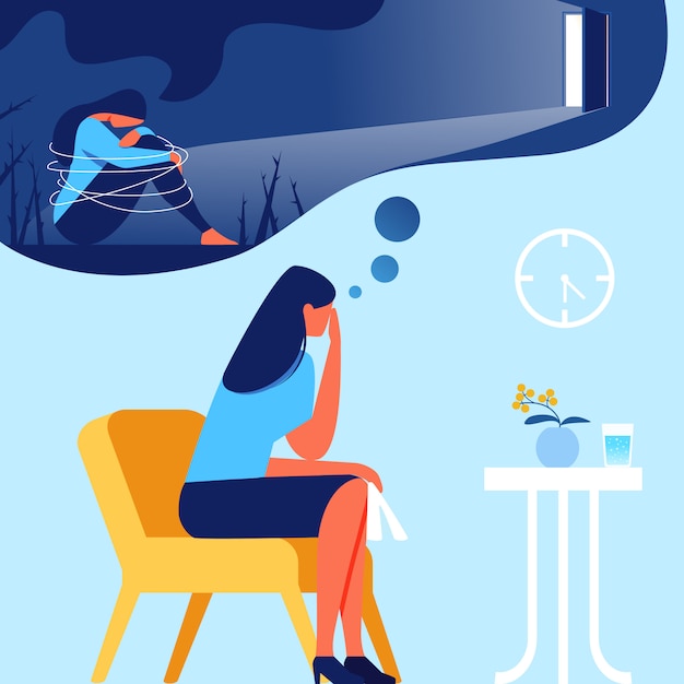 Mulher no psicólogo de escritório. Fora de depressão.