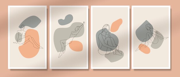 mulher nua abstrata posar pôster de uma linha boho potrait cobre meados do século