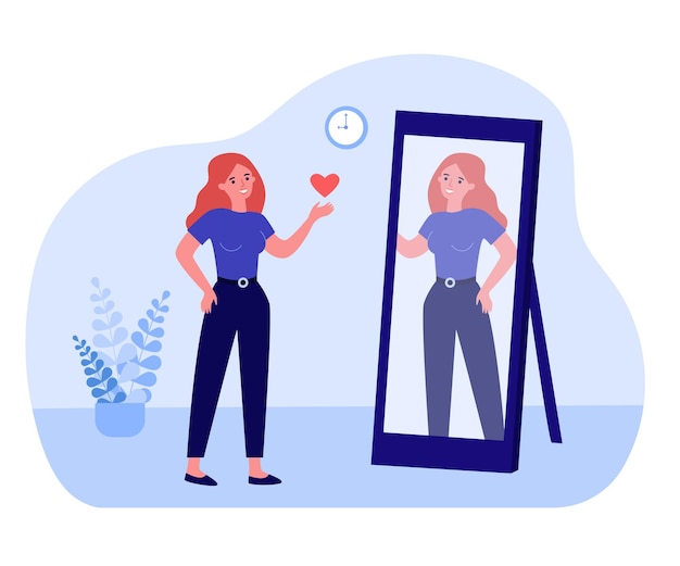 Mulher olhando no espelho e enviando o coração para a reflexão. Ilustração em vetor plana confiante feliz personagem feminina. Conceito de amor próprio e confiança para banner, design de site ou página de destino