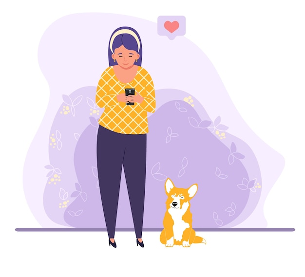 Mulher olhando para o telefone ao lado da ilustração do cachorro