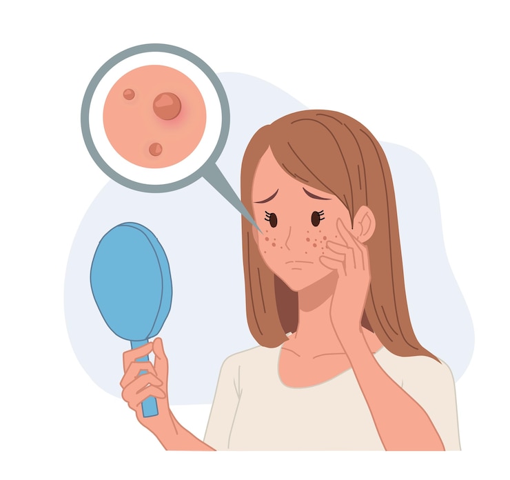 Vetor mulher olhando para problemas de pele com problemas de espelho conceito de cuidados com a pele ilustração de personagem de desenho animado vetorial plana