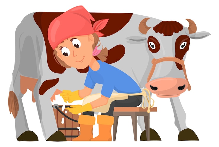 Vetor mulher ordenhando vaca personagem de desenho animado de trabalhador agrícola