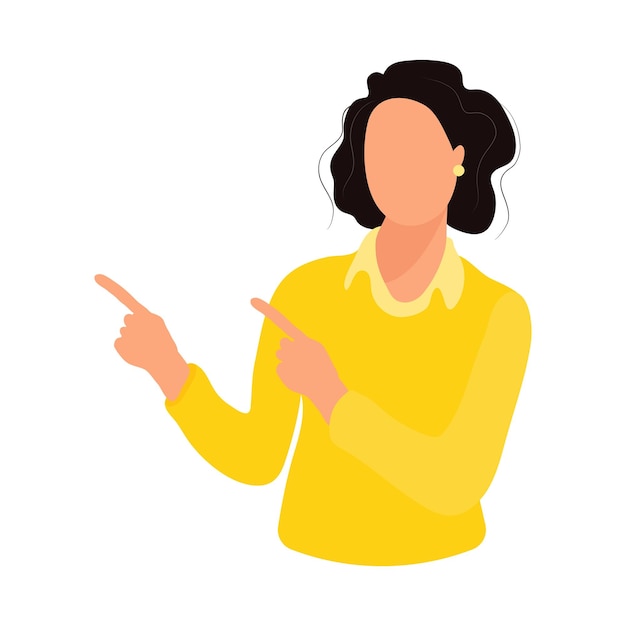 Vetor mulher ou menina de suéter amarelo aponta com o dedo para algo ilustração vetorial
