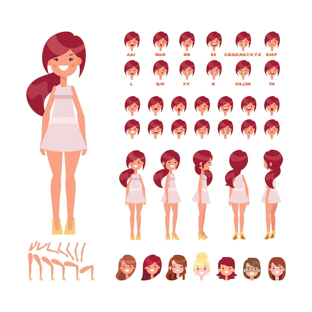 Mulher para animação com várias emoções de penteados, sincronização labial e gestos