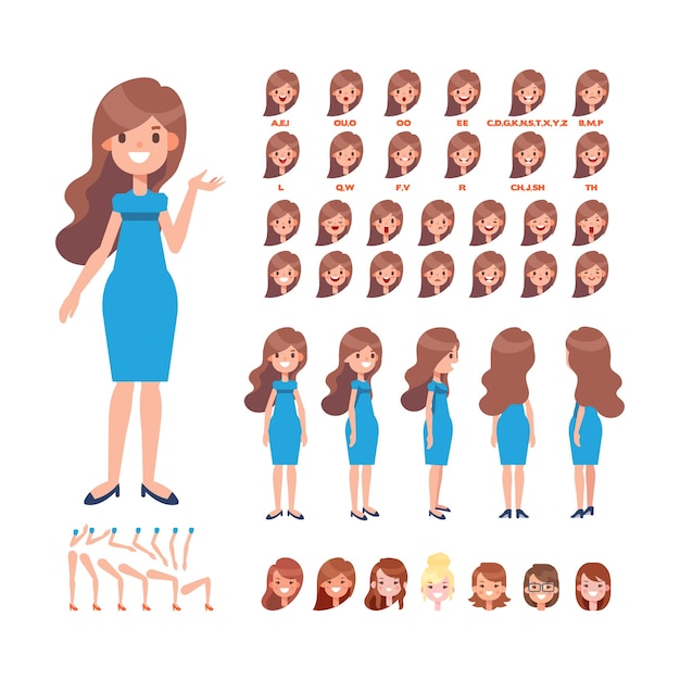 Mulher para animação várias emoções e gestos de penteados vista frontal traseira