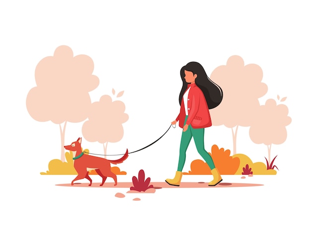 Vetor mulher passeando com cachorro no parque no outono