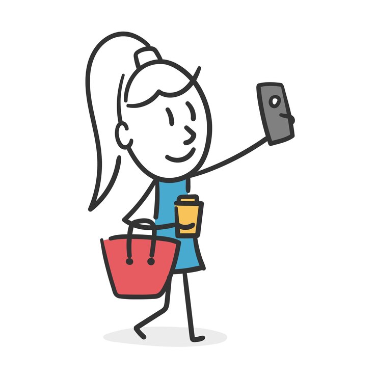 Vetor mulher-pau tira uma selfie conceito de mulher moderna e independente compartilhando selfie com seus amigos