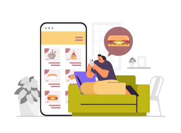 Mulher pedindo e comprando comida em um aplicativo móvel na tela do smartphone.