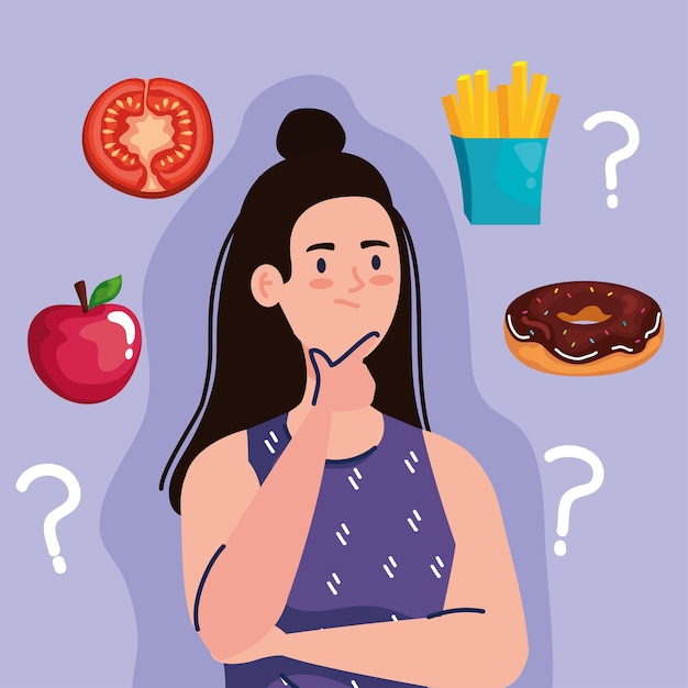 Mulher pensando com pontos de interrogação sobre design de fast food, comida não saudável e tema de restaurante.