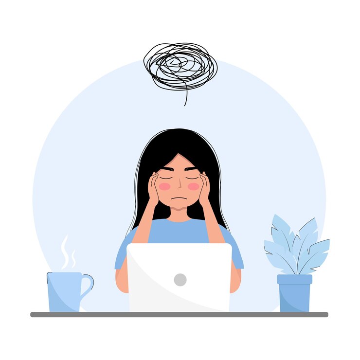 Vetor mulher pensando em ilustração vetorial plana. mulher tentando encontrar uma solução. personagem de desenho animado.