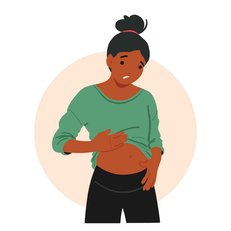 Vetor mulher personagem experimentando inchaço sintoma de gastrite parece desconfortável com distensão abdominal e desconforto devido à inflamação no forro do estômago cartoon pessoas ilustração vetorial