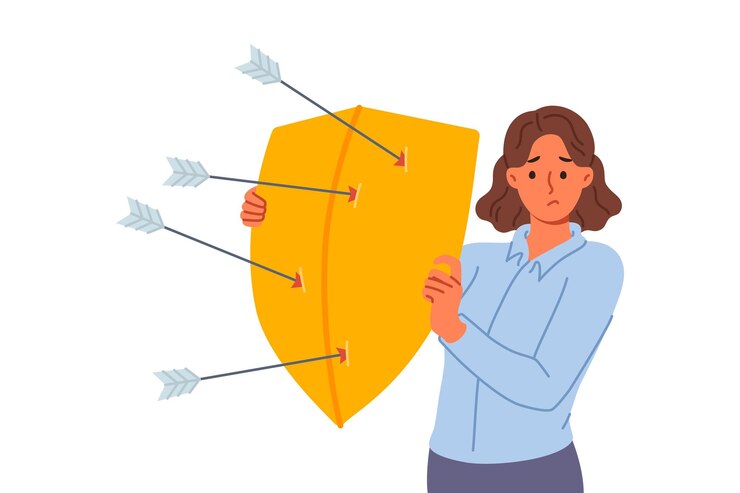 Vetor mulher perturbada se defende das flechas dos inimigos cobrindo-se com um escudo para evitar ferimentos
