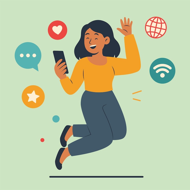 Vetor mulher pessoa feliz personagem de desenho animado segurando gadget em mídia social mundo digital