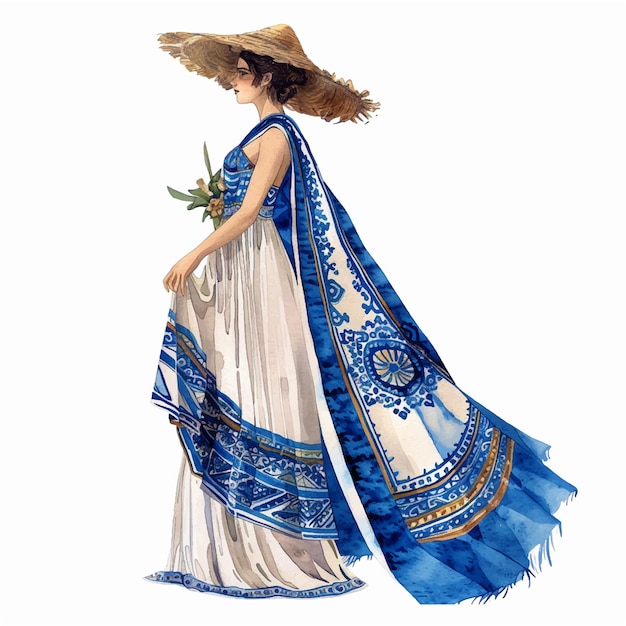 Vetor mulher pintando em um vestido azul e branco e um chapéu de palha