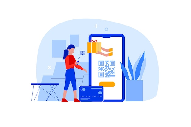 Mulher plana com o celular nas mãos digitalizar o código qr para pagamento online. personagem usando aplicativo de identificação de scanner de smartphone para digitalização de código de barras ou tecnologia de transação de dinheiro. conceito de compra sem contato.