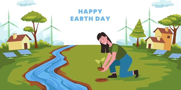 Mulher plantando para ecossistema com paisagem verde com energia limpa para ilustração do conceito de feliz dia da terra