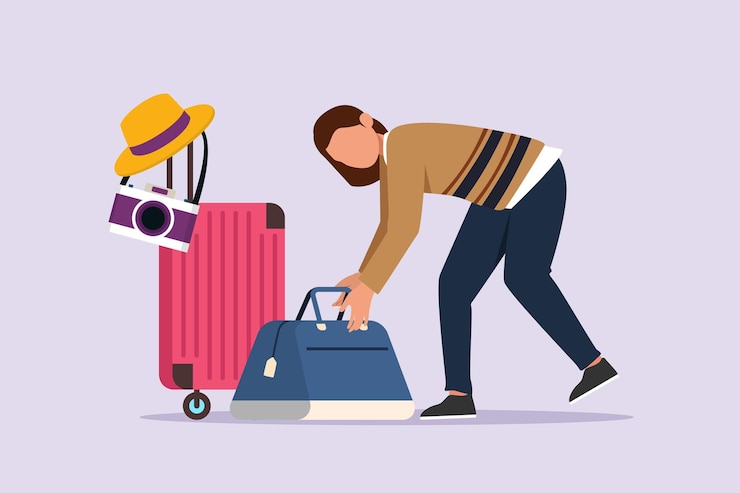 Vetor mulher preparando coisas para viajar viajando com saco ou mala conceito vetor plano colorido