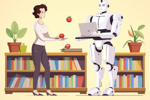 Mulher professor apple robô livros