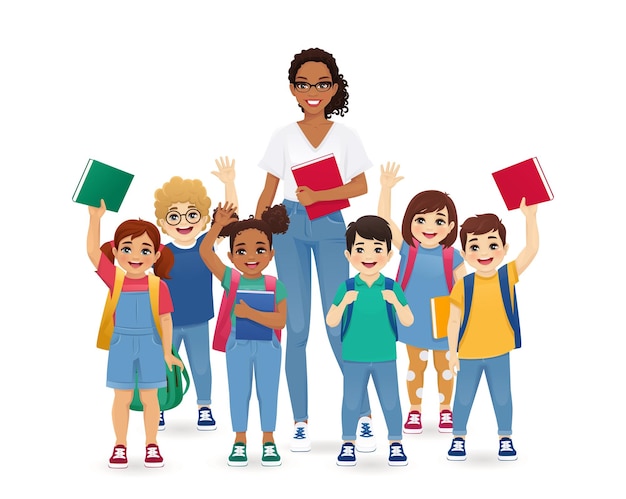 Mulher professora africana de pé com um grupo de crianças de escola crianças com mochilas e livros