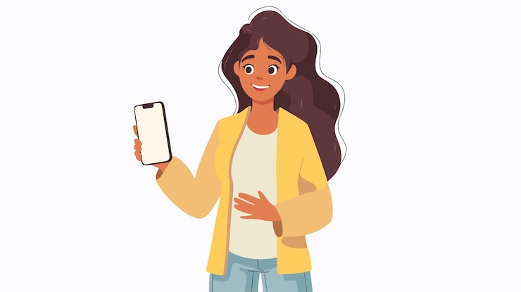 Vetor mulher profissional exibindo a tela do aplicativo de mídia social do smartphone