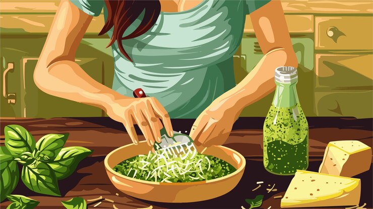 Vetor mulher profissional grelhando queijo para um saboroso molho de pesto em uma mesa de madeira