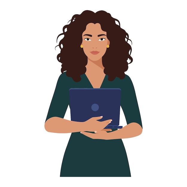 Mulher profissional segurando laptop em vestido verde arte vetorial plana