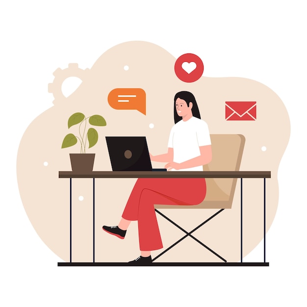 Mulher que trabalha na mesa no conceito de ilustração de laptop