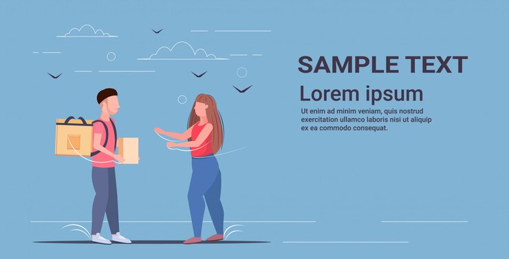 Vetor mulher, recebendo, ordem, de, homem, correio, com, mochila, e, papel, pacote, entrega expressa comida, de, loja, ou, restaurante, conceito, horizontal, comprimento total, cópia, espaço