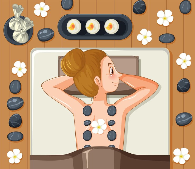 Vetor mulher recebendo spa de massagem com pedras