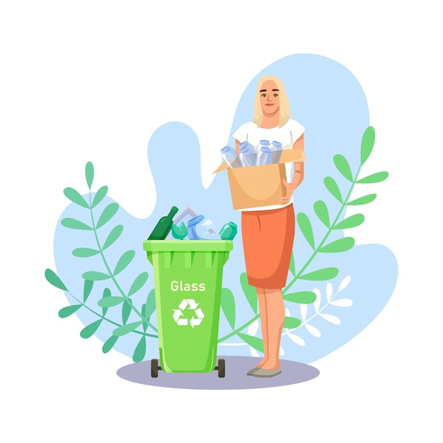 Mulher reciclando garrafas de vidro com uma ilustração vetorial de lixeira e caixa verde
