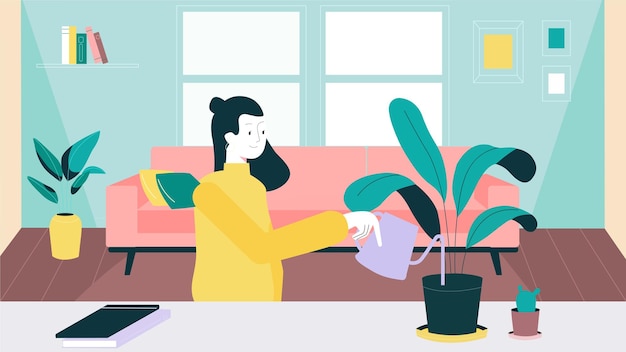 mulher regando as plantas em sua casa